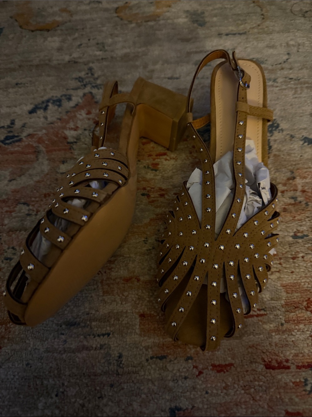 Women’s Tan Studded Slingback Block Heel Sandals